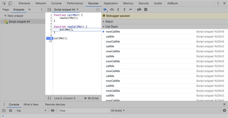 The call stack is filling with stack frames